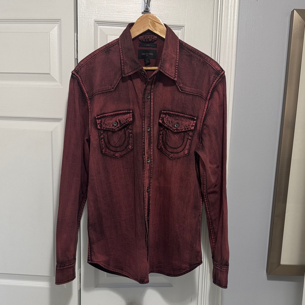 True Religion Burgundy Denim Shirt size large